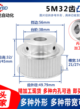 现货5M32齿同步轮精加工内孔可选同步带轮槽16/21/27带台阶B/K型