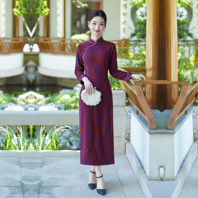 紫红色旗袍妈妈婚宴长袖秋装高级