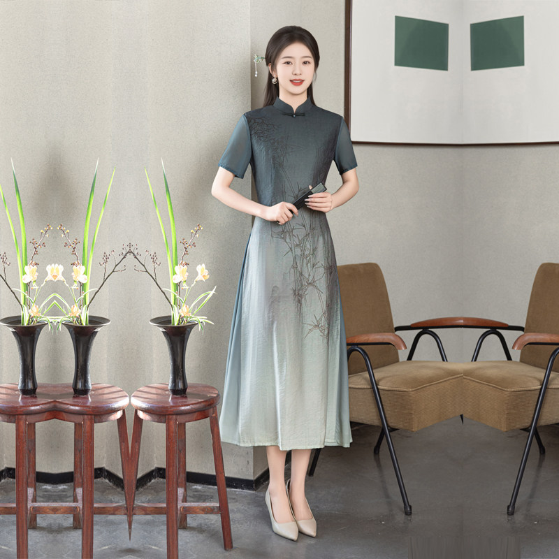 奥黛长旗袍无开衩春夏季女装中年妈妈日常新中式改良连衣裙单层薄