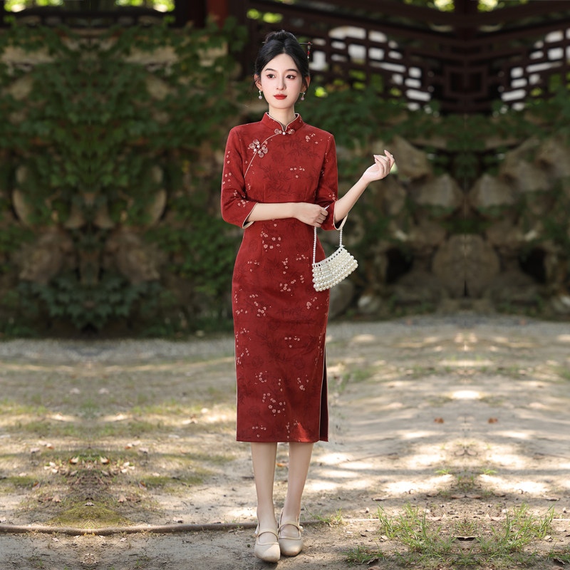 红色麂皮绒旗袍小个子7分袖秋装