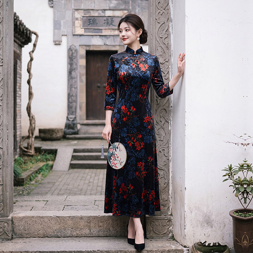 黑色旗袍改良连衣裙妈妈秋季外套