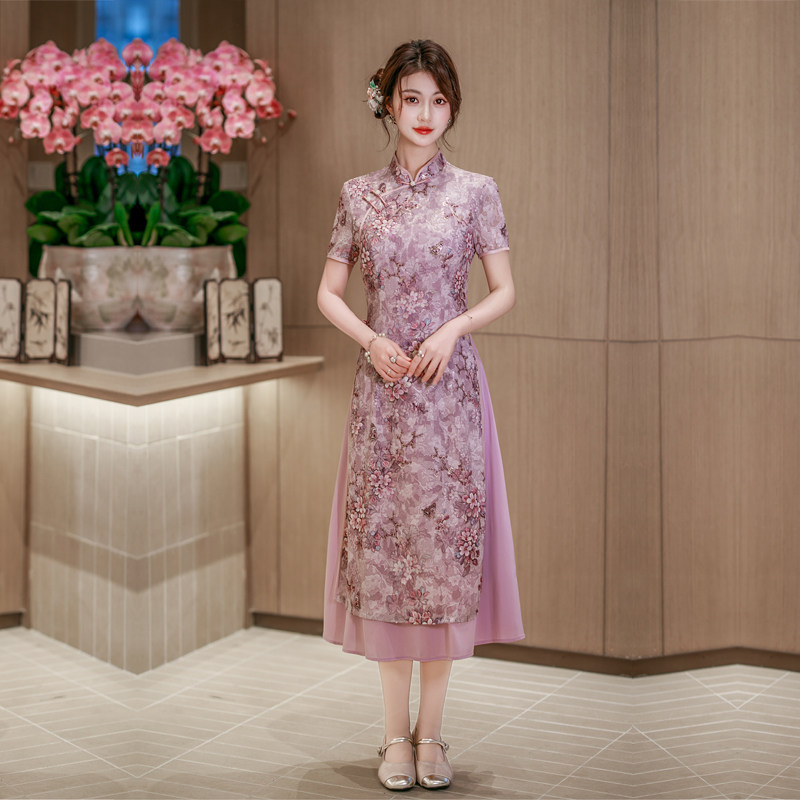 紫色旗袍新中式奥黛改良连衣裙小个子妈妈日常春夏礼服高级感国风