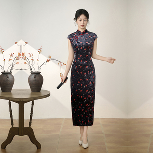 黑红色旗袍长款丝绒超弹力春秋季女装妈妈新中式年轻款高级感国风
