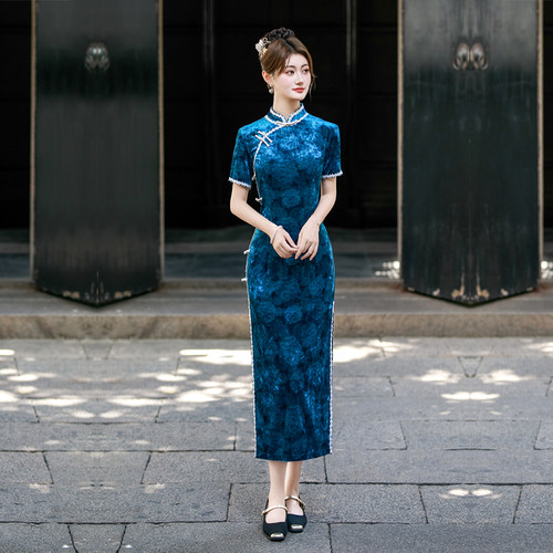 蓝色旗袍弹力丝绒妈妈春秋季女装