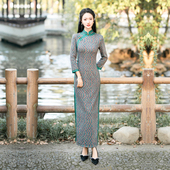 绿格子高端旗袍洋气质年轻改良连衣裙加厚保暖长袖 民国风 秋冬女装