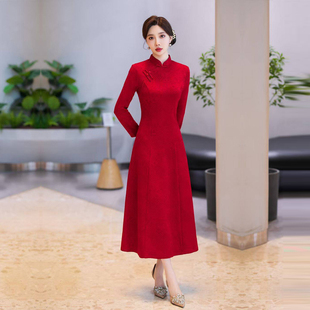 喜婆婆婚礼旗袍小个子妈妈新中式改良连衣裙长袖保暖女秋装中国红