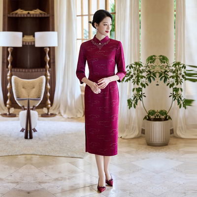 紫色旗袍秋装妈妈婚宴170斤大码