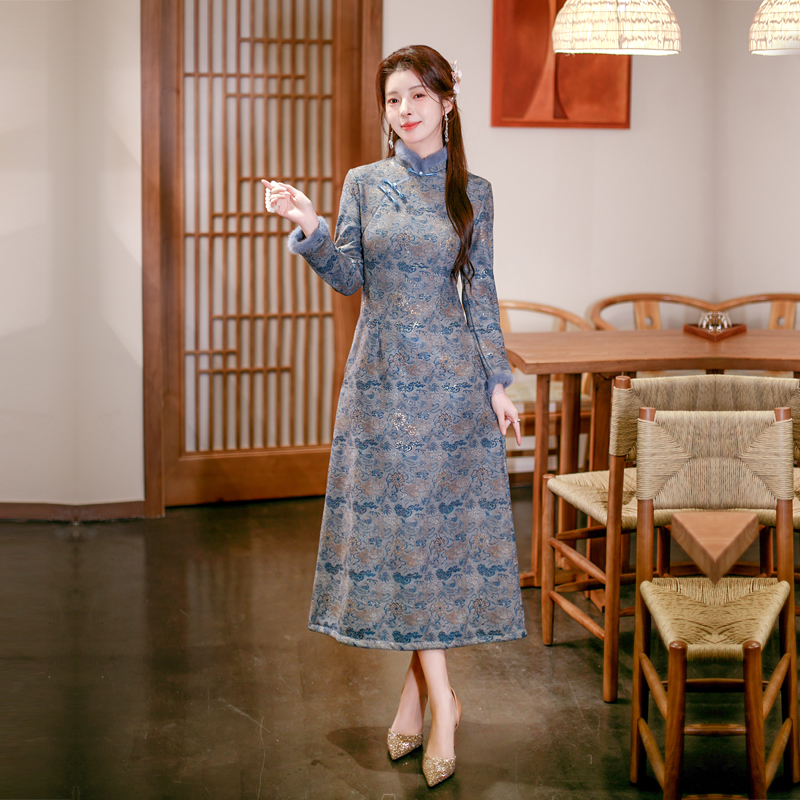 加绒改良旗袍无开衩连衣裙日常穿