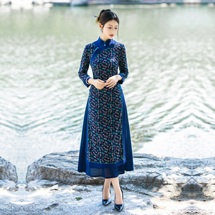 奥黛旗袍长袖秋冬装中年女妈妈洋气质新中式连衣裙改良礼服中国风