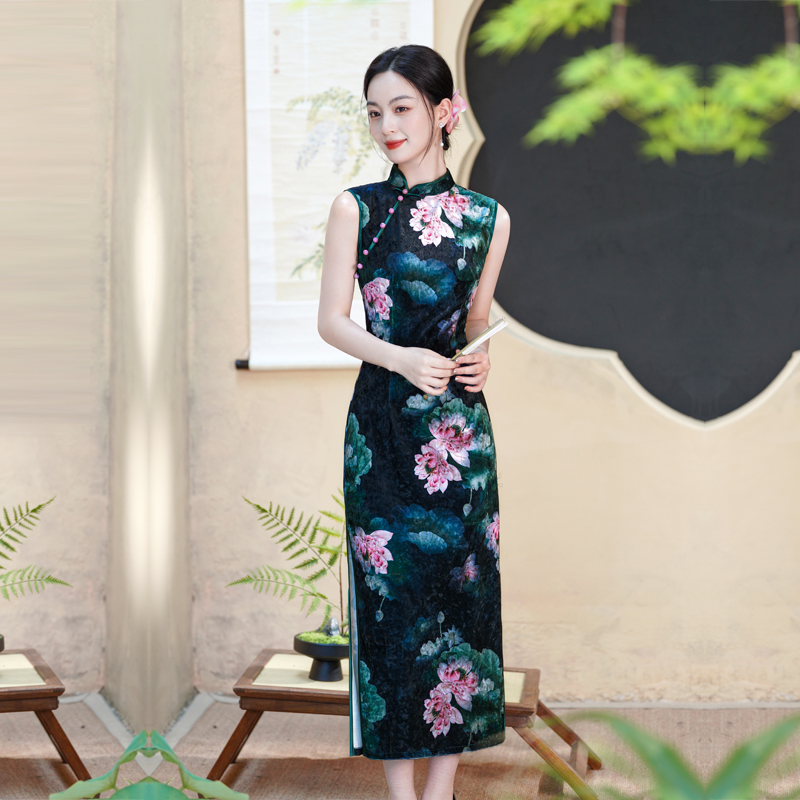 钻石丝绒旗袍弹力妈妈跳舞蹈礼服