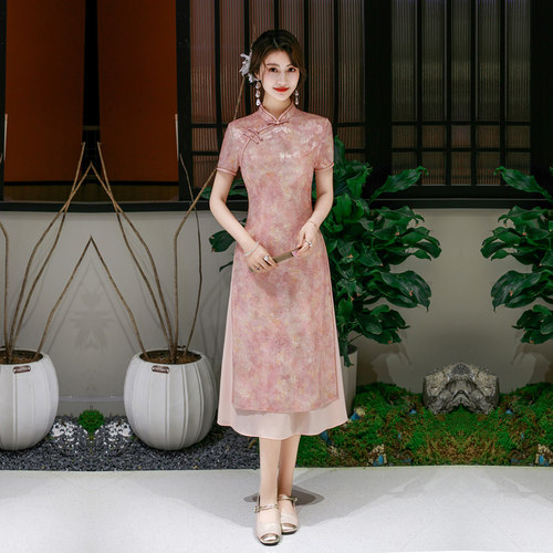 粉色旗袍奥黛改良连衣裙妈妈国风