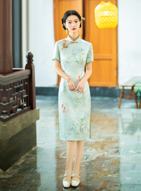 高考旗袍绿色妈妈夏季连衣裙日常可穿红锦鲤鱼小个子年轻衣服大码
