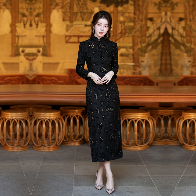 黑色加绒长袖冬季旗袍年轻款高级