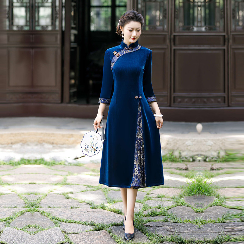 金丝绒奥黛旗袍7分长袖秋冬季女装中年妈妈保暖改良连衣裙超弹力