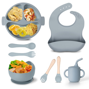 工厂新品 8件套卡通儿童笑脸硅胶餐具 婴儿硅胶餐具大吸盘餐具套装