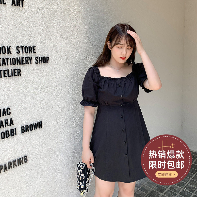 【125斤唐不灵Bling】连衣裙女夏胖mm显瘦方领小黑裙心机遮肉裙子