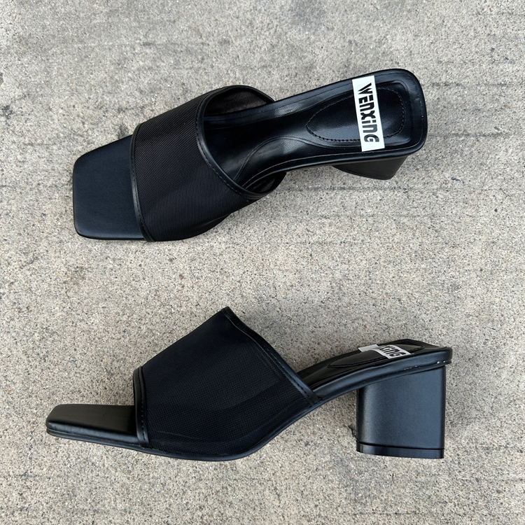 粗跟休闲网纱一字凉拖鞋女