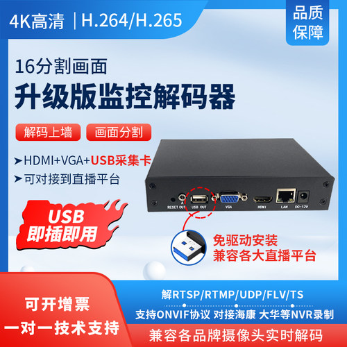 USB网络视频解码器 抖音腾讯会议直播 即插即用 支持1-16路画面