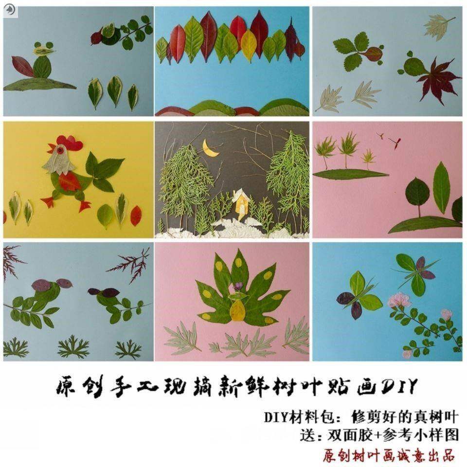树叶拼贴画成品幼儿学生diy材料手工作业新鲜树叶贴画孔雀蝴蝶乌
