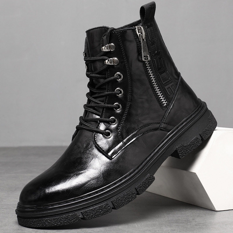 马丁靴男款秋季高帮手抓纹柔软休闲拉链皮靴系带黑色工装机车短靴