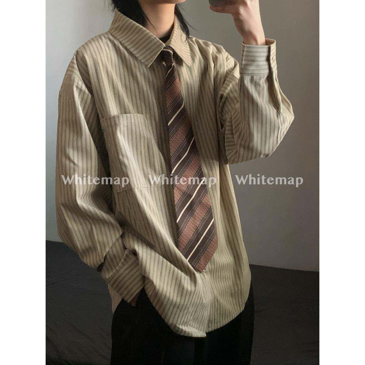 wtmp秋季日系磨毛棕色条纹衬衫男女潮牌设计覆古休闲质感长袖衬衣