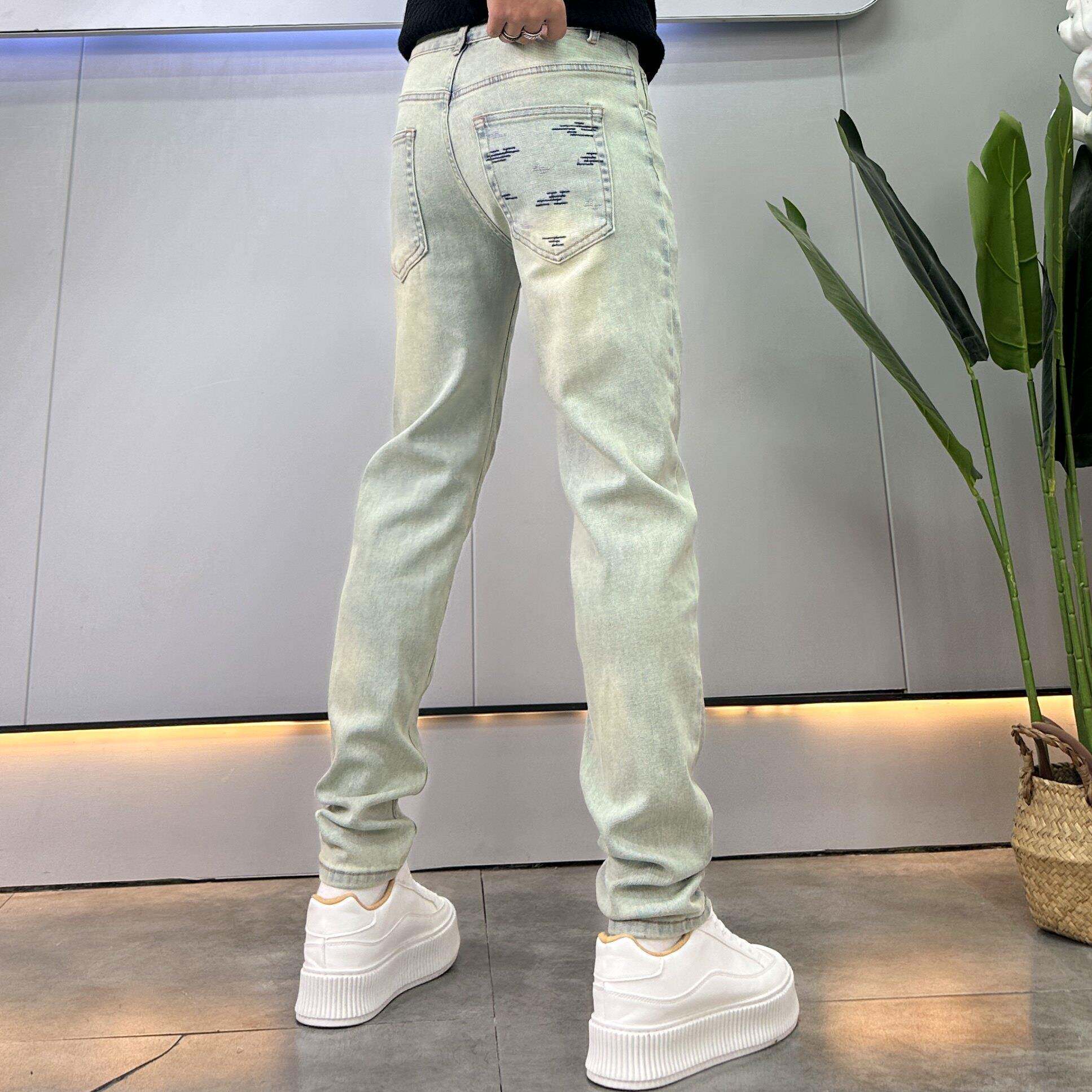 美式做旧黄泥牛仔裤男潮牌春秋季2026新款时尚刺绣修身小脚裤长裤
