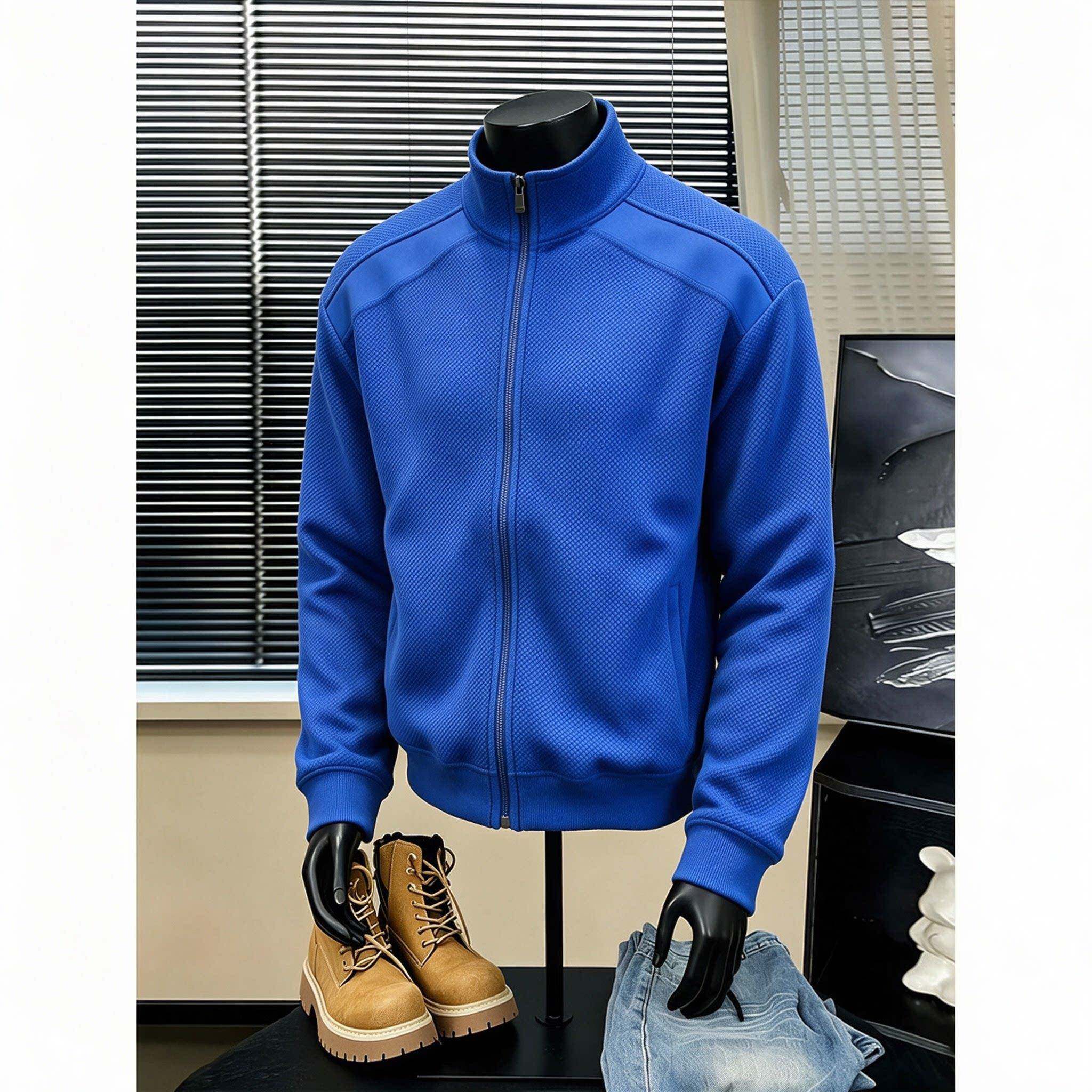 克莱因蓝龙鳞纹立领卫衣男秋季解构拼接开衫外套宽松休闲运动夹克