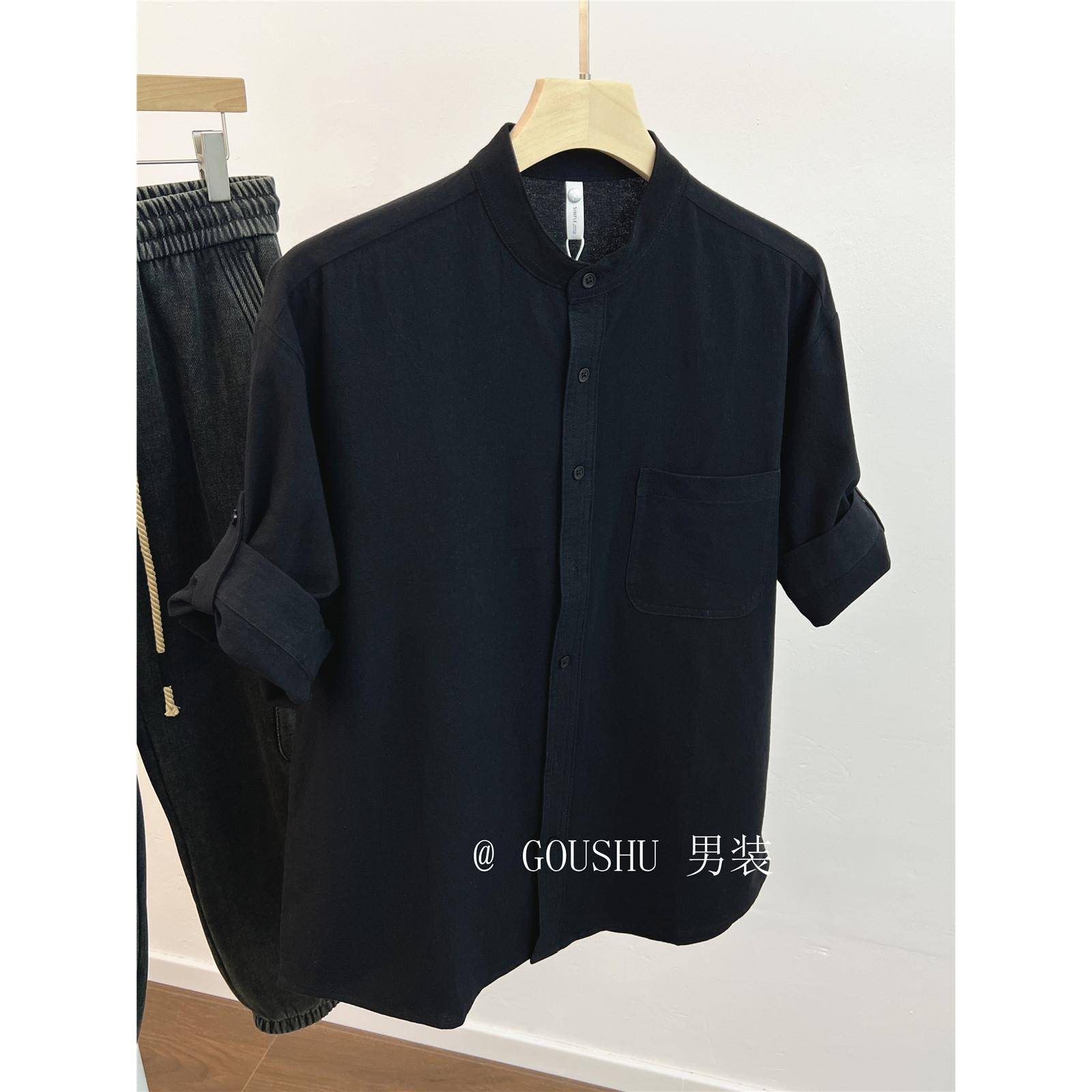 夏季麻感立领纯棉衬衫男装港风覆古设计感五分袖衬衫休闲 透气上