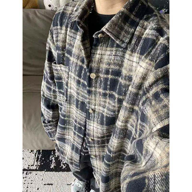 美式加厚格子衬衫男春秋保暖法兰绒呢子外套痞帅休闲磨毛长袖衬衣