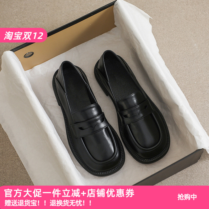少女心啊 秋季黑色英伦小皮鞋女透气一脚蹬乐福鞋圆头可两穿女鞋