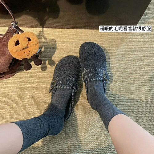 韩版复古勃肯鞋保暖一脚蹬厚底毛呢博肯毛毛鞋包头拖鞋外穿女