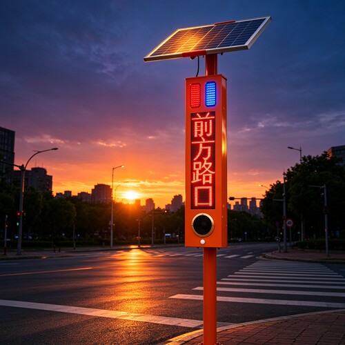 太阳能路口哨兵可定制语音播报交通警示柱红蓝爆闪LED显示预警灯