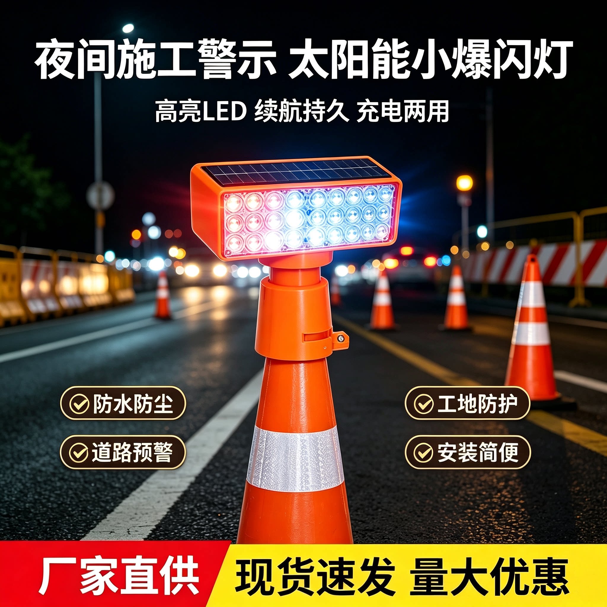太阳能警示爆闪灯工地道路夜间警示闪光灯施工护栏灯路锥灯路障灯