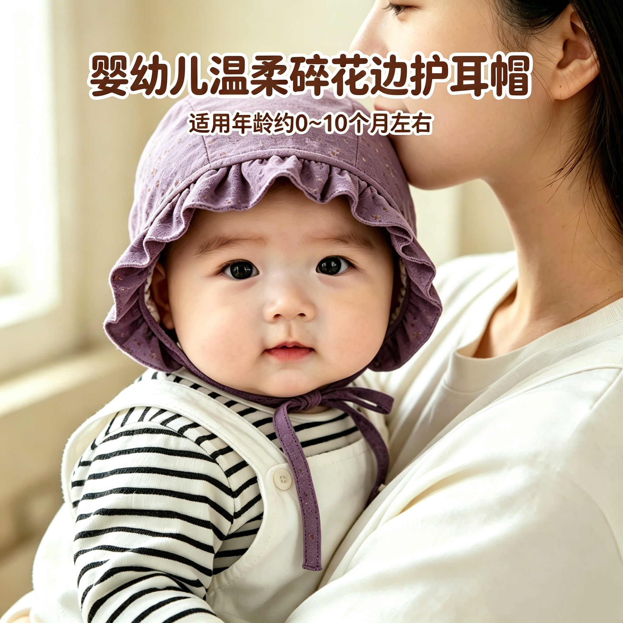 春秋女婴碎花护耳荷叶边胎帽