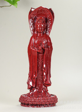 朱砂南海观音摆件紫金砂佛像三面观音菩萨摆家居装饰玉石工艺品