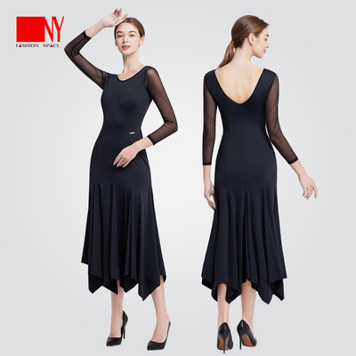 NY纳艺星角网格袖长裙舞蹈连衣裙