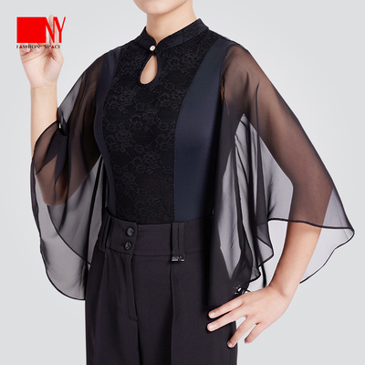 NY纳艺喇叭袖蕾丝立领摩登舞上衣