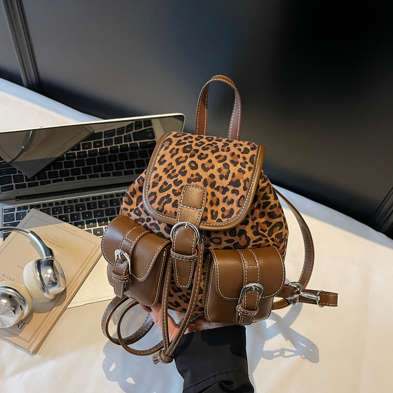 豹纹复古双肩包女时尚小众水桶包