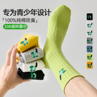 青少年袜子男大童100%纯棉防臭运动袜秋春厚款 初中生长筒新疆棉袜