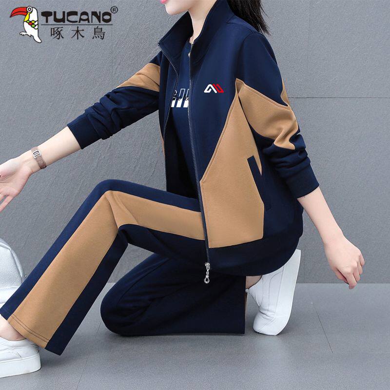 啄木鸟休闲运动服套装女士春秋季新款时尚好棉妈妈洋气潮流三件套