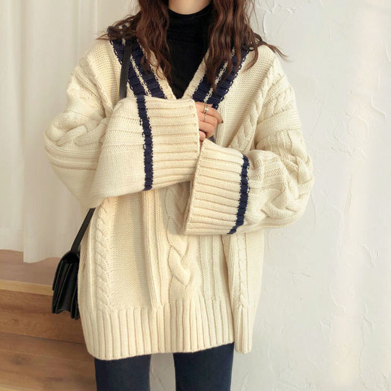 跨境拼色加厚v领毛衣女学生2025秋冬学院风宽松复古麻花针织外套