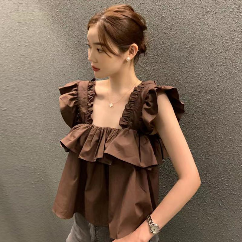 韩国chic2025夏季法式方领露锁骨拼接荷叶边宽松飞飞袖衬衫上衣女