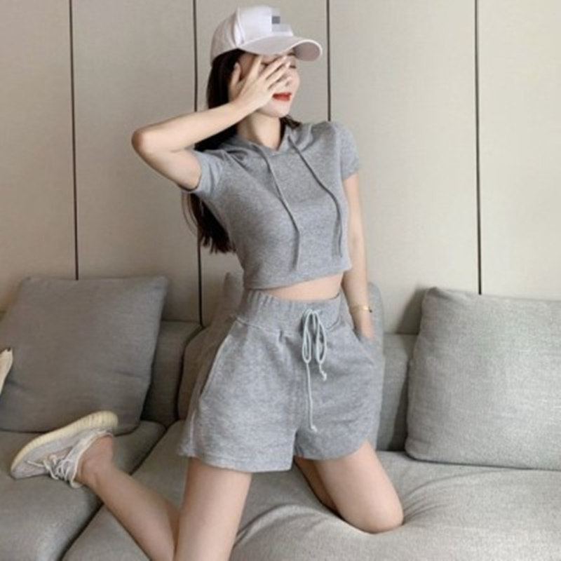 2025夏季新款休闲连帽短袖卫衣帽衫+运动短裤两件套时尚套装女装