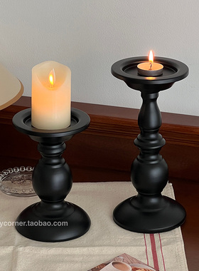 美式复古黑色铁艺烛台餐桌氛围感装饰摆件香薰蜡烛台座罗马柱烛台