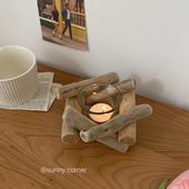 元 饰摆件 家居简约木质装 气角落 ins田园复古朽木漂流木烛台欧式