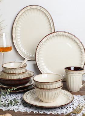 TINYHOME美式复古浮雕碗碟餐具套装高颜值家用碗盘筷组合简约乔迁