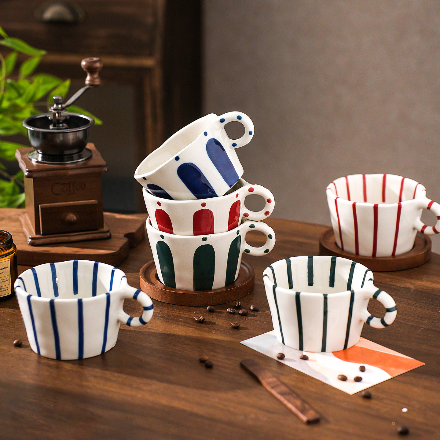 复古条纹马克杯陶瓷拉花咖啡杯个人专用办公室水杯家用牛奶早餐杯,餐饮具,马克杯,淘宝优惠券,粉丝福利购,淘宝优惠卷