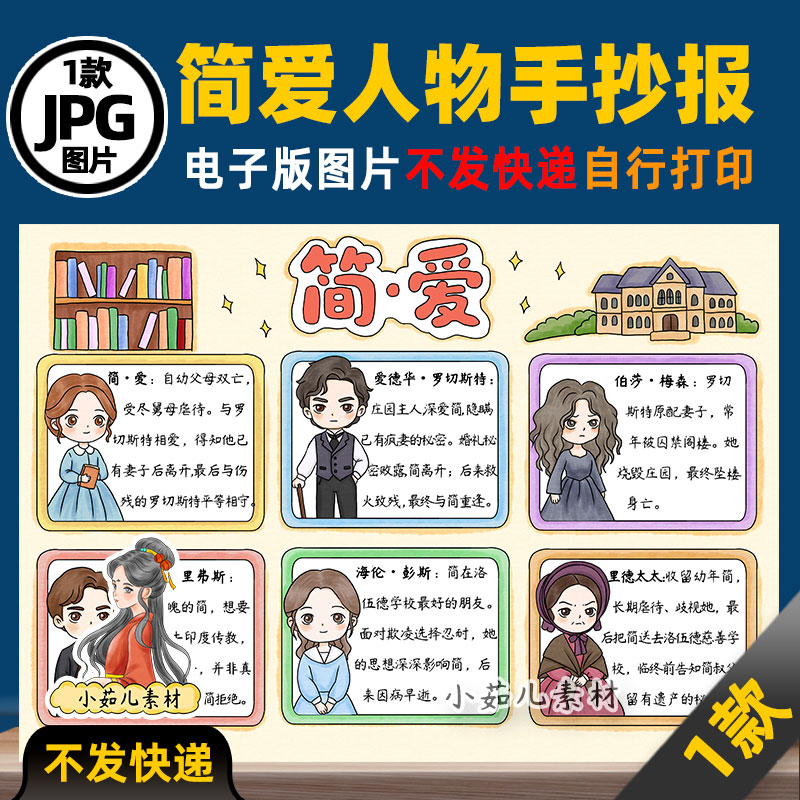 1428【电子版】简爱人物介绍人物卡手抄报线稿