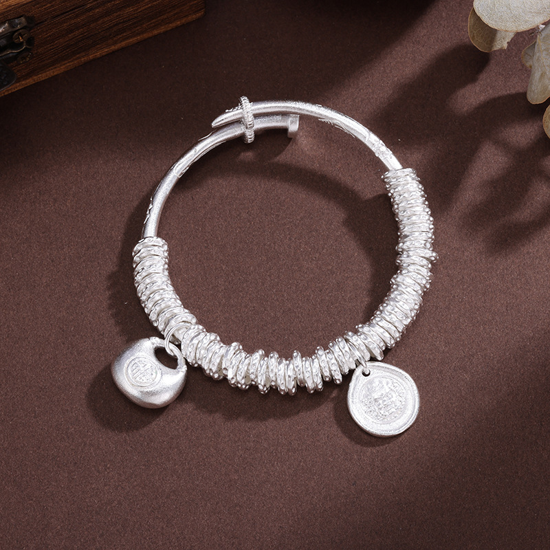 日本品质白铜镀银手镯碎银子盘缠手镯国风黄财神胖福手镯送男女友