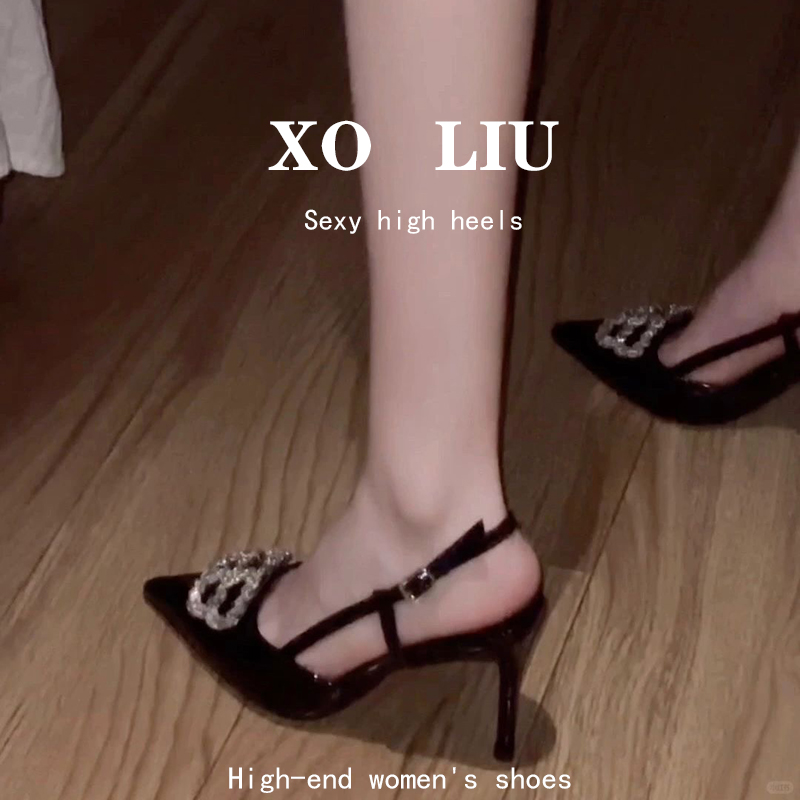 2025年秋夏新款水钻双b扣高跟鞋女御姐性感斩男尖头细跟包头凉鞋